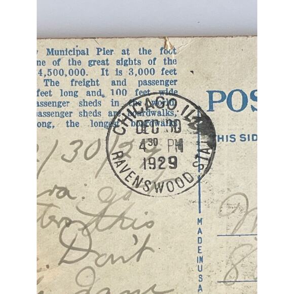 Antique Postcard 1929 Ephemera Navy Pier Frm Municipal Pier Chicago IL Litho SEE - Picture 5 of 6